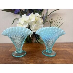 Fenton Blue Opalescent Hobnail Fan Vase Pedestal Ruffled Glass Pair MCM Decor